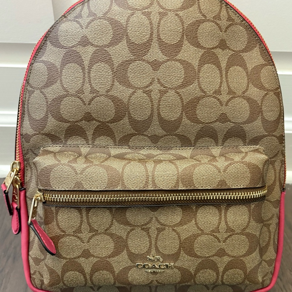 Coach Charlie Signature Medium Size Backpack Brown and Pink Women's Backpack NWT